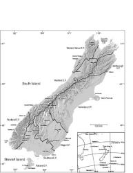 Map 3. South Island of New Zealand and Stewart Island showing ecological provinces. Inset shows the position of outlying islands. © All rights reserved. [Image: 4Y0Y]